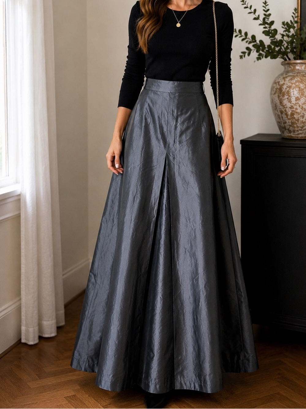 Zara Basic Gunmetal Gray Taffeta Maxi Skirt | Size Small